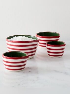 Crate&Barrel Holiday Stripe Measuring Nesting Cups Hand Painted Red Green